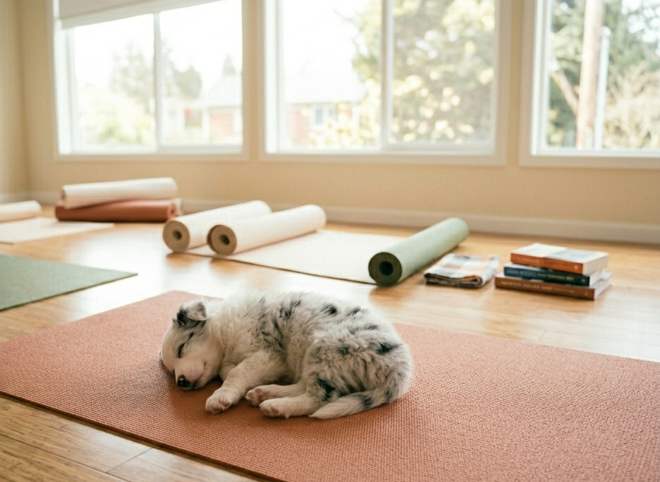 Happy puppy sleeping at puppy yoga lounge